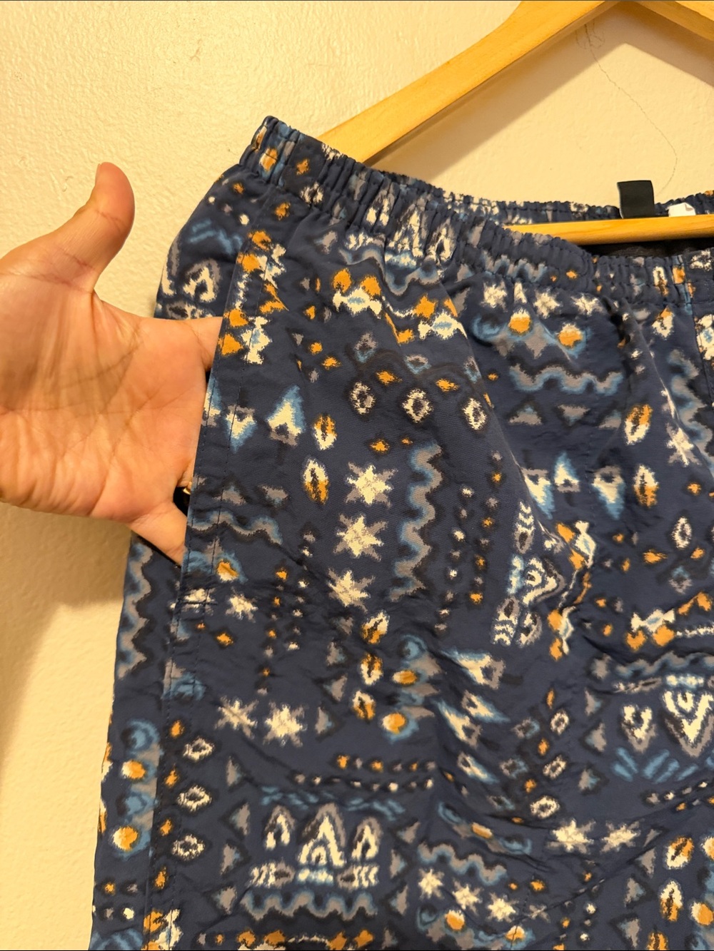 Patagonia Navy Aztec-Pattern Men's Shorts with White and Gold Accents - Picture 2 of 5